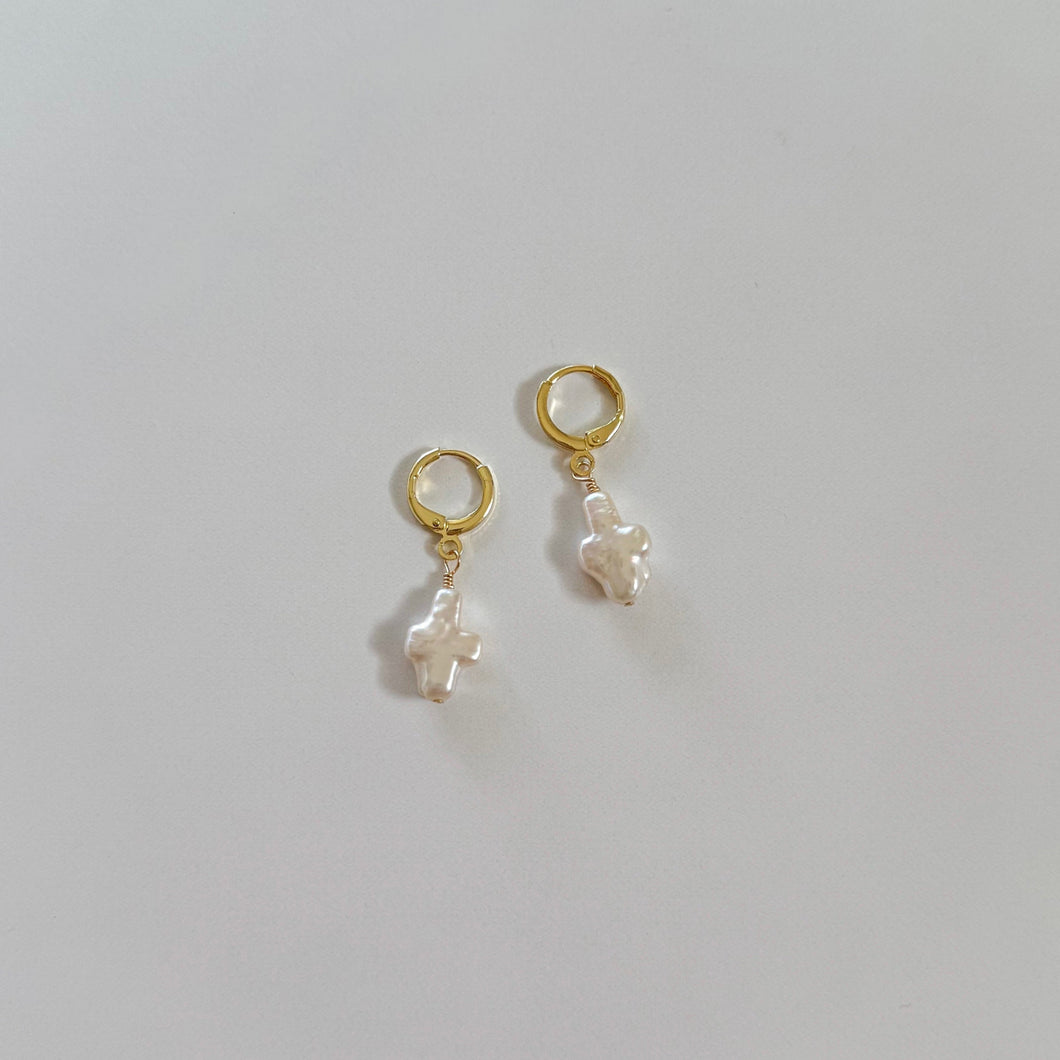 Sicily Pearl Cross Huggie Earrings